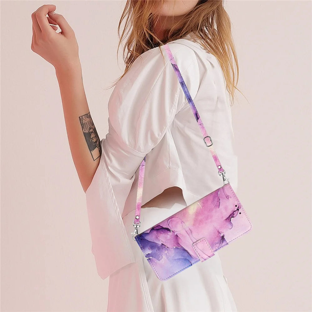 For Google Pixel 8 Pro PU Leather Marble Pattern Flip Case Wallet Stand Phone Cover with Shoulder Strap - Purple - 4