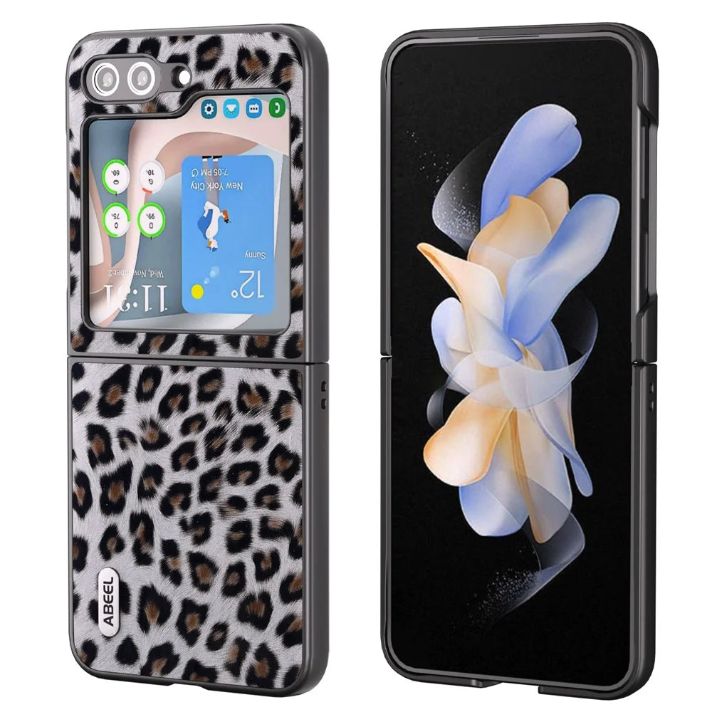 ABEEL For Samsung Galaxy Z Flip5 5G Leopard Pattern Phone Case PU Leather + PC Back Shell - Silver - 1