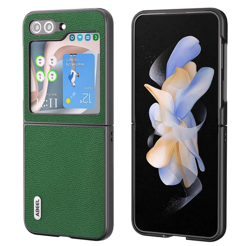 ABEEL For Samsung Galaxy Z Flip5 5G Matte Edges Phone Case Cowhide Leather + PC Back Cover - Green - 1