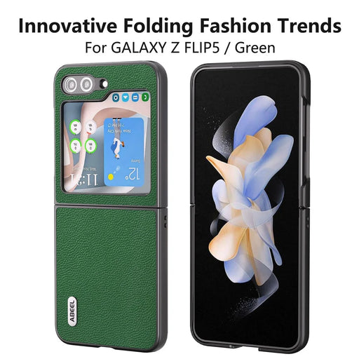 ABEEL For Samsung Galaxy Z Flip5 5G Matte Edges Phone Case Cowhide Leather + PC Back Cover - Green - 2