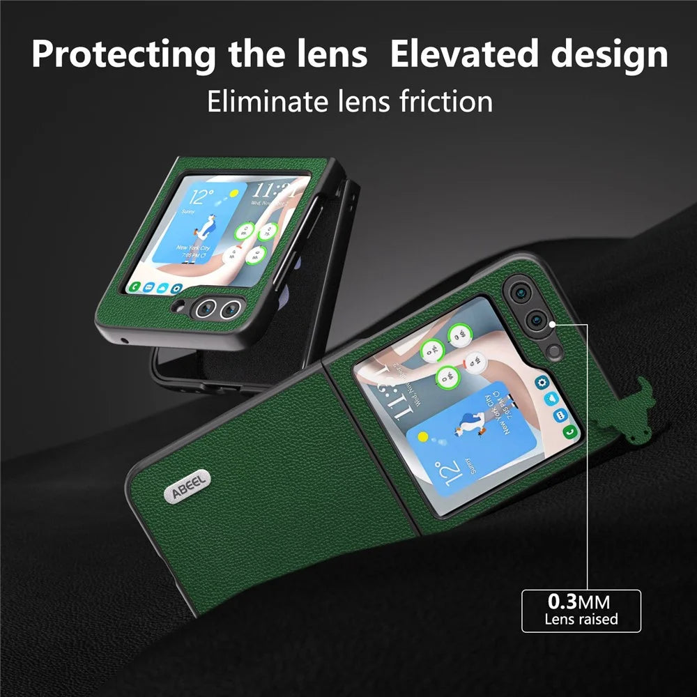 ABEEL For Samsung Galaxy Z Flip5 5G Matte Edges Phone Case Cowhide Leather + PC Back Cover - Green - 3
