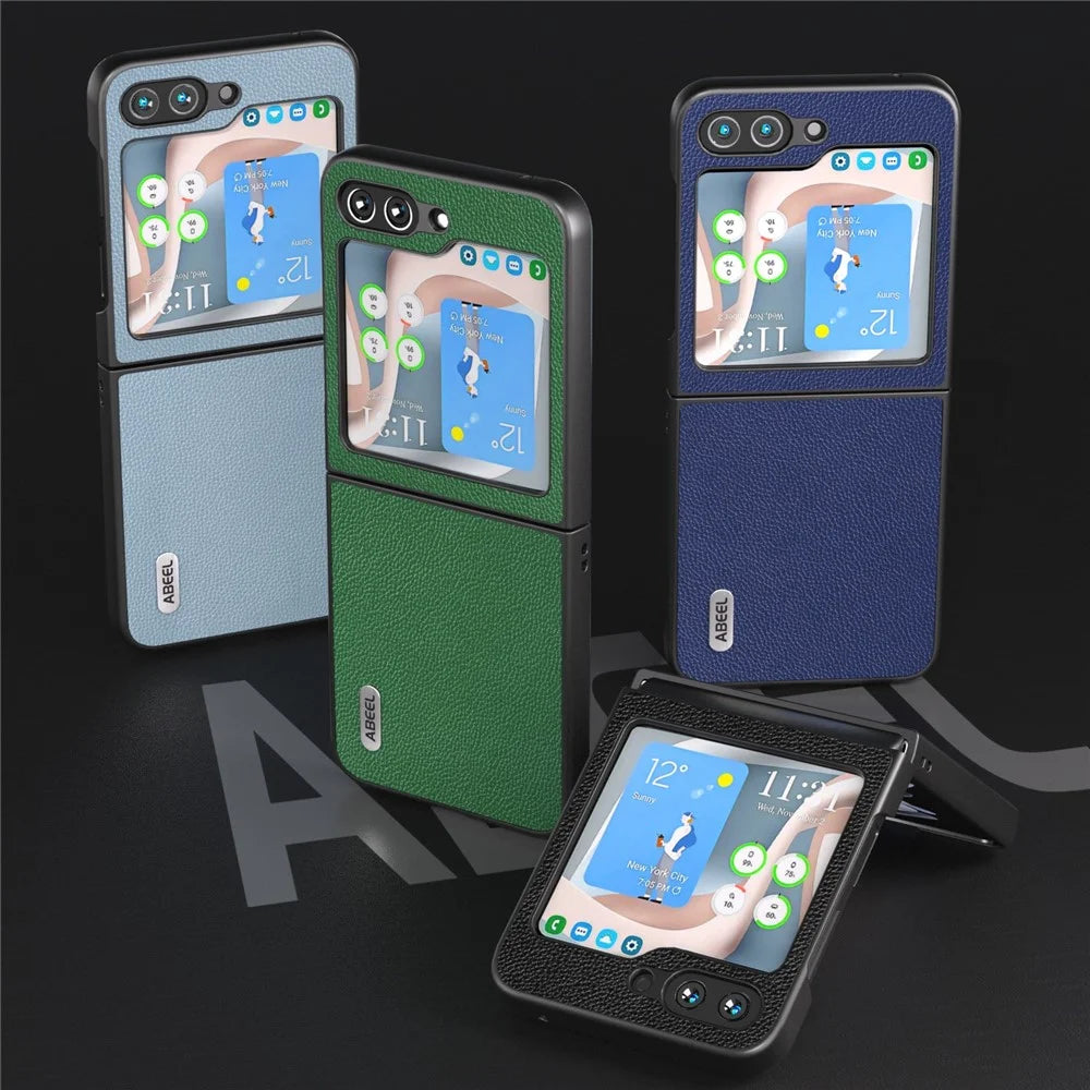 ABEEL For Samsung Galaxy Z Flip5 5G Matte Edges Phone Case Cowhide Leather + PC Back Cover - Green - 6