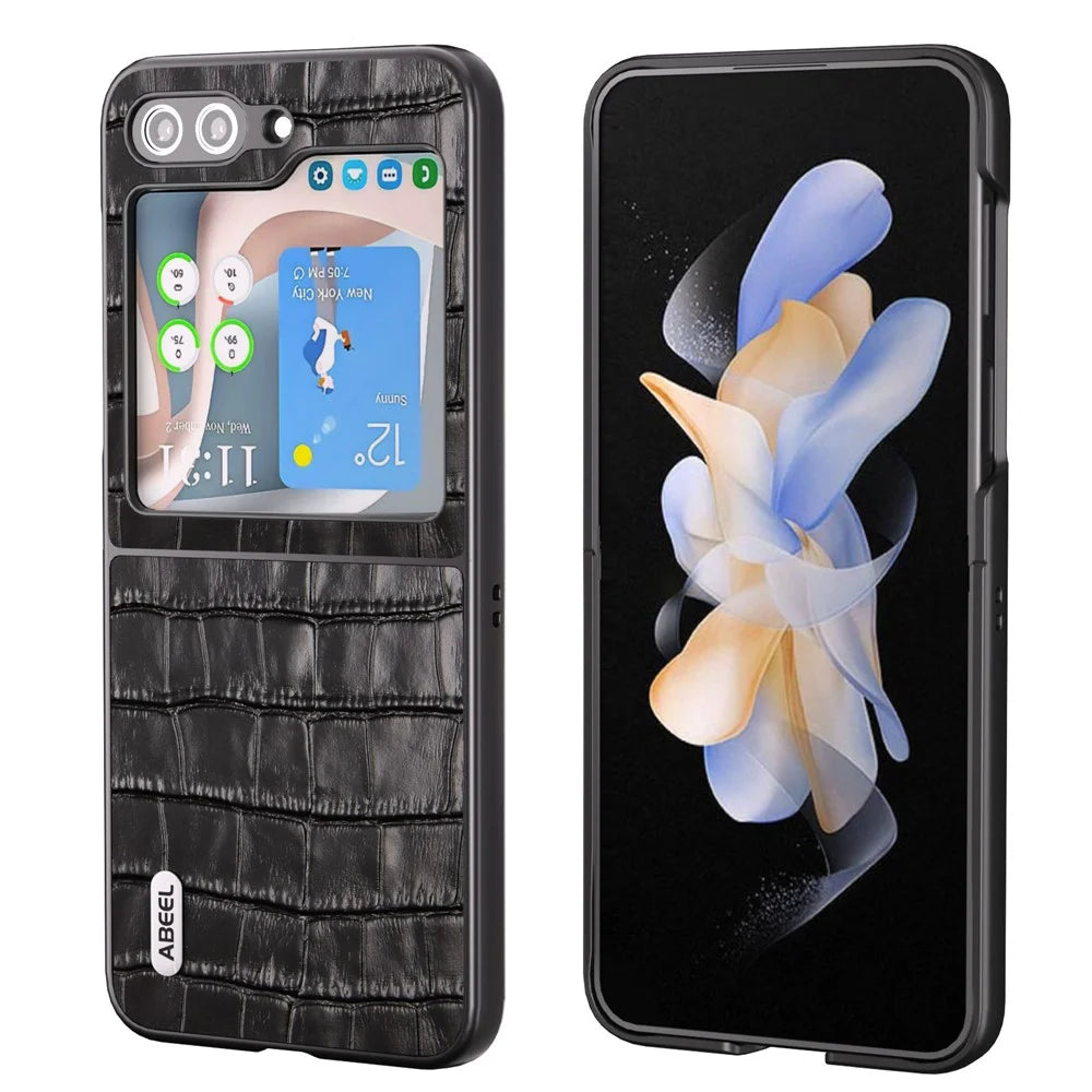 ABEEL For Samsung Galaxy Z Flip5 5G Cowhide Leather + PC Phone Case Crocodile Texture Slim Cover - Black - 1