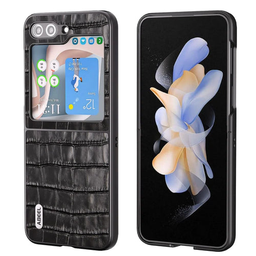 ABEEL For Samsung Galaxy Z Flip5 5G Cowhide Leather + PC Phone Case Crocodile Texture Slim Cover - Black - 1