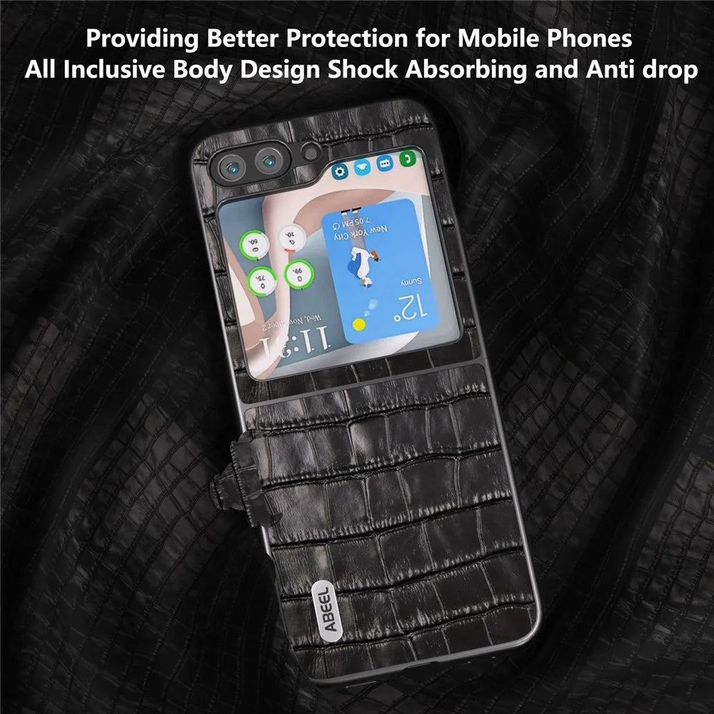 ABEEL For Samsung Galaxy Z Flip5 5G Cowhide Leather + PC Phone Case Crocodile Texture Slim Cover - Black - 3