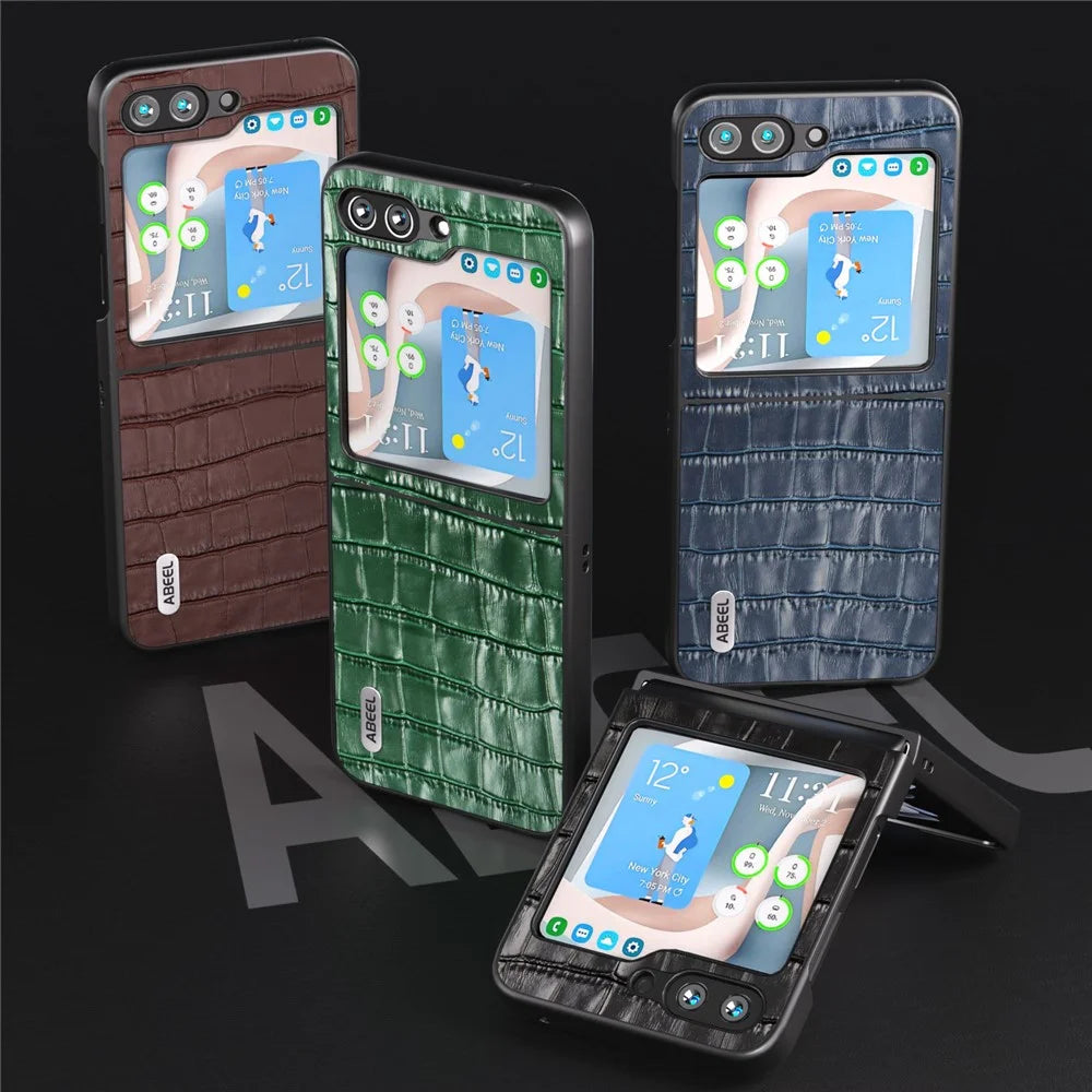 ABEEL For Samsung Galaxy Z Flip5 5G Cowhide Leather + PC Phone Case Crocodile Texture Slim Cover - Black - 5