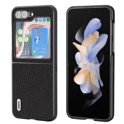 ABEEL For Samsung Galaxy Z Flip5 5G Back Phone Case Cowhide Leather Coated PC Litchi Texture Cover - Black - 1