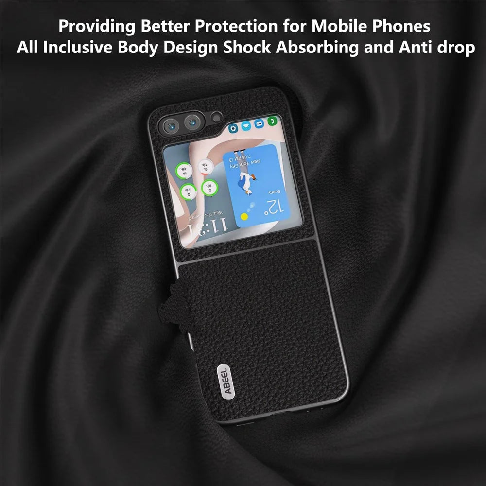ABEEL For Samsung Galaxy Z Flip5 5G Back Phone Case Cowhide Leather Coated PC Litchi Texture Cover - Black - 3