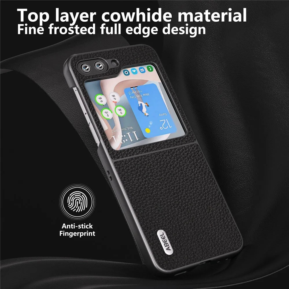 ABEEL For Samsung Galaxy Z Flip5 5G Back Phone Case Cowhide Leather Coated PC Litchi Texture Cover - Black - 4