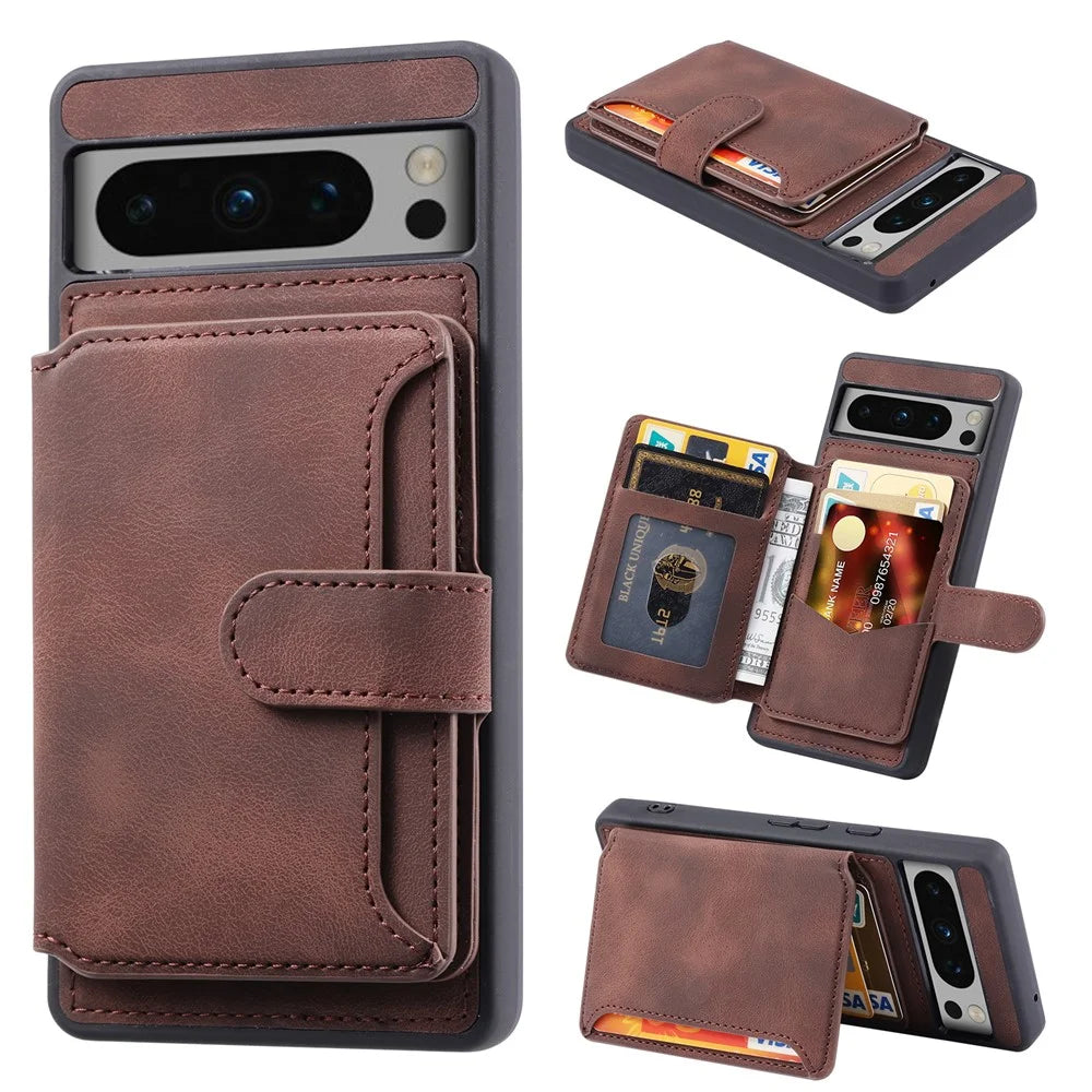 For Google Pixel 8 Pro RFID Blocking Wallet Case PU Leather Coated TPU Phone Kickstand Cover - Coffee - 1