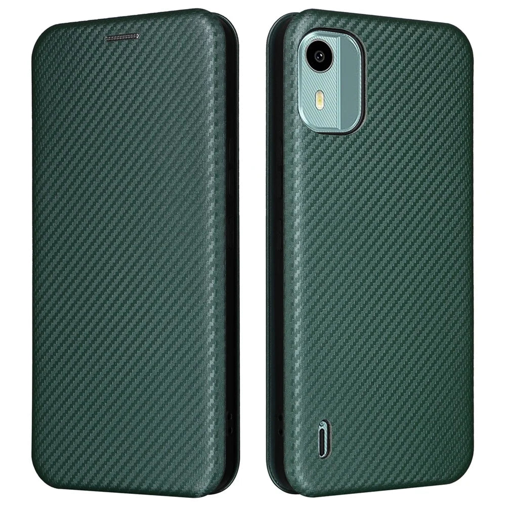 Carbon Fiber Texture Shell for Nokia C12 4G / C12 Pro / C12 Plus PU Leather Phone Case Stand Card Slot Cover - Green - 1