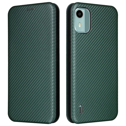 Carbon Fiber Texture Shell for Nokia C12 4G / C12 Pro / C12 Plus PU Leather Phone Case Stand Card Slot Cover - Green - 1