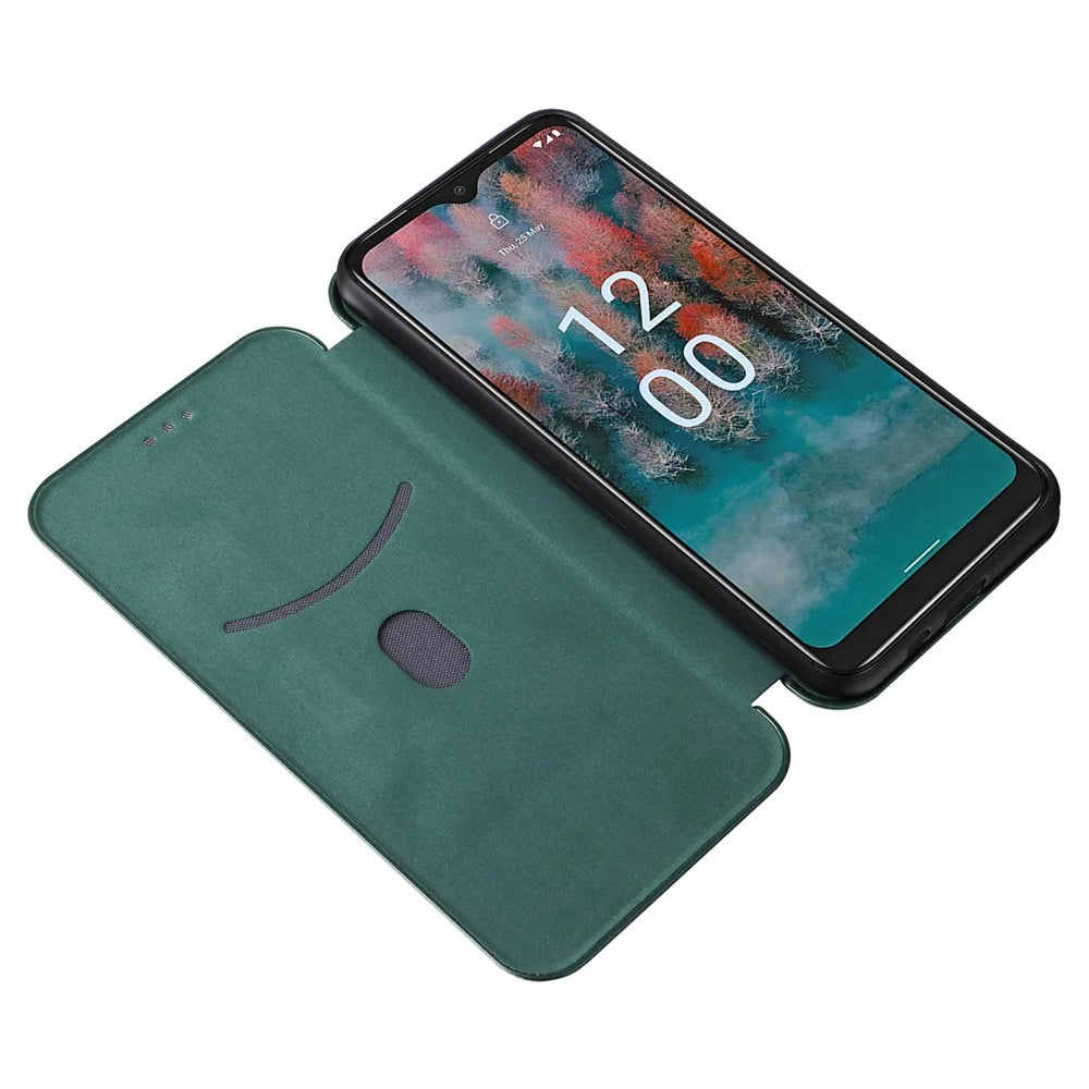 Carbon Fiber Texture Shell for Nokia C12 4G / C12 Pro / C12 Plus PU Leather Phone Case Stand Card Slot Cover - Green - 2
