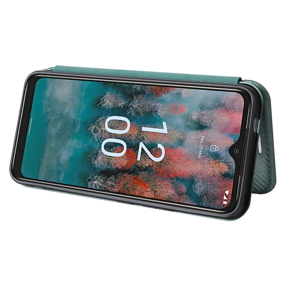 Carbon Fiber Texture Shell for Nokia C12 4G / C12 Pro / C12 Plus PU Leather Phone Case Stand Card Slot Cover - Green - 3