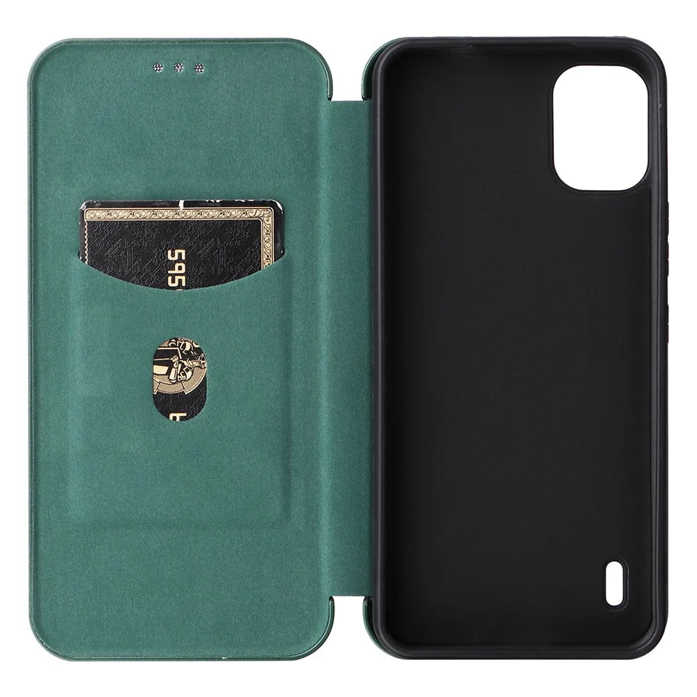 Carbon Fiber Texture Shell for Nokia C12 4G / C12 Pro / C12 Plus PU Leather Phone Case Stand Card Slot Cover - Green - 4
