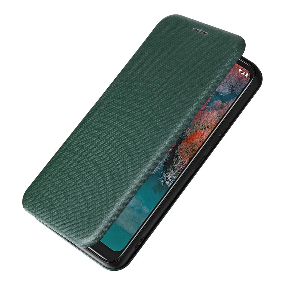 Carbon Fiber Texture Shell for Nokia C12 4G / C12 Pro / C12 Plus PU Leather Phone Case Stand Card Slot Cover - Green - 6