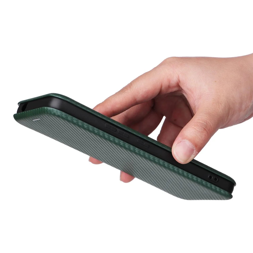 Carbon Fiber Texture Shell for Nokia C12 4G / C12 Pro / C12 Plus PU Leather Phone Case Stand Card Slot Cover - Green - 7