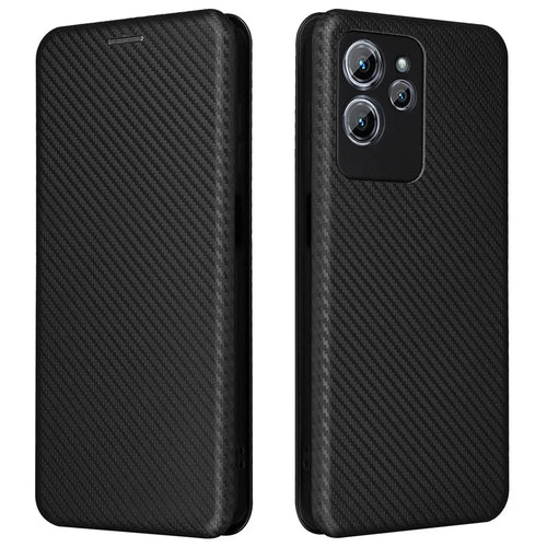 For Oukitel C32 PU Leather Flip Case with Card Holder Carbon Fiber Texture Stand Magnetic Phone Cover - Black - 1