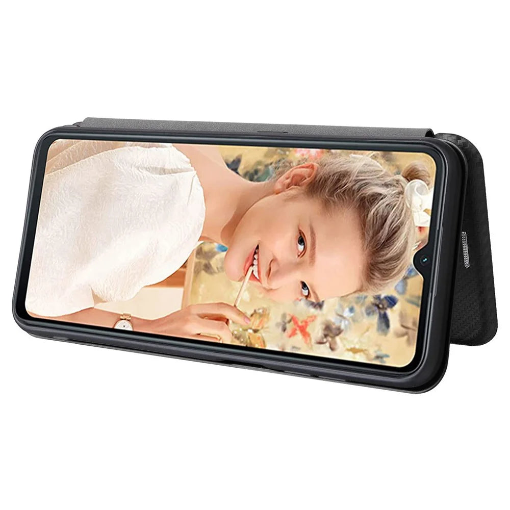 For Oukitel C32 PU Leather Flip Case with Card Holder Carbon Fiber Texture Stand Magnetic Phone Cover - Black - 3