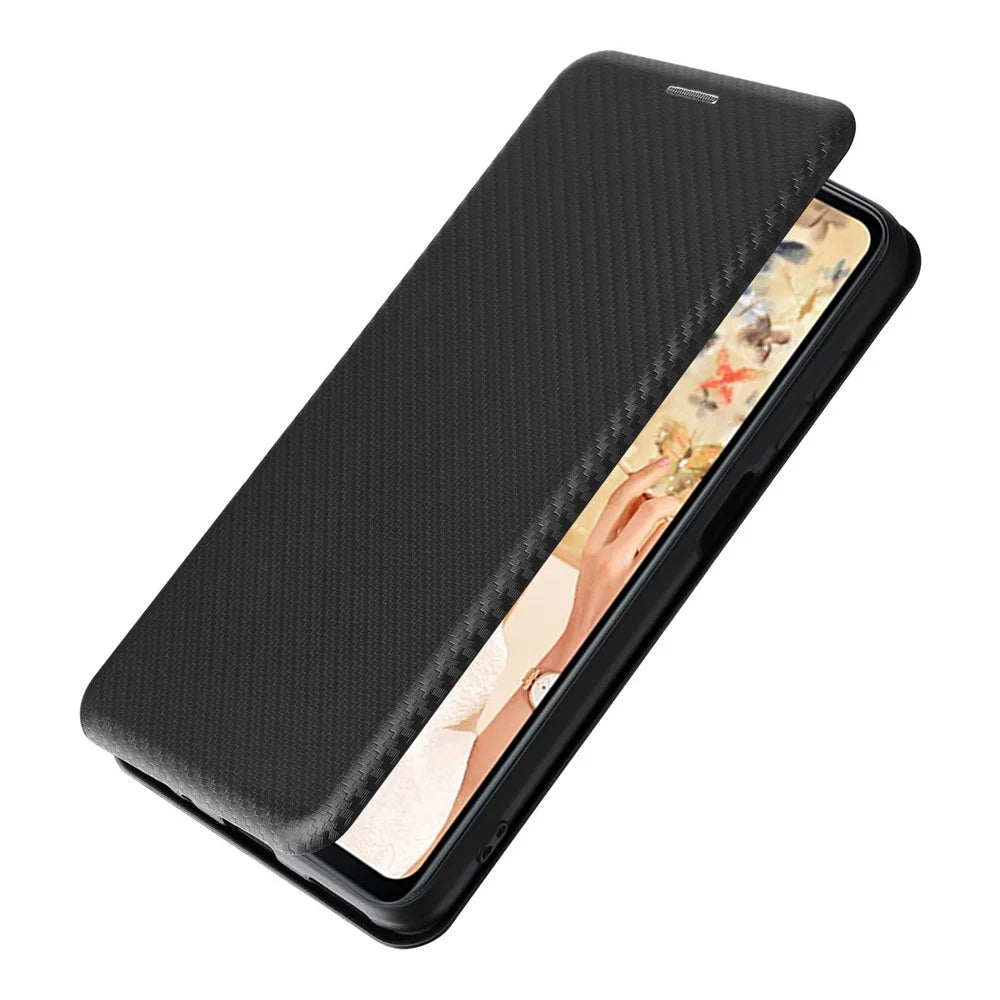 For Oukitel C32 PU Leather Flip Case with Card Holder Carbon Fiber Texture Stand Magnetic Phone Cover - Black - 6