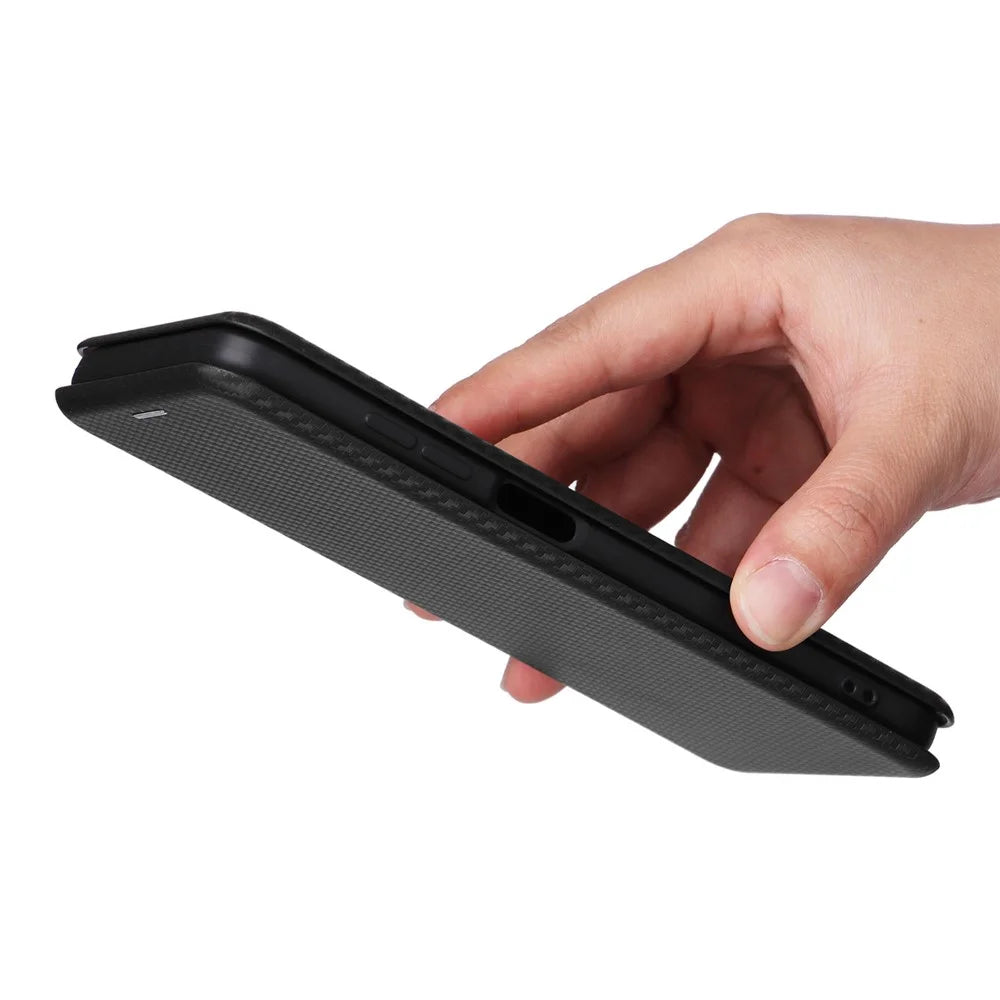 For Oukitel C32 PU Leather Flip Case with Card Holder Carbon Fiber Texture Stand Magnetic Phone Cover - Black - 7