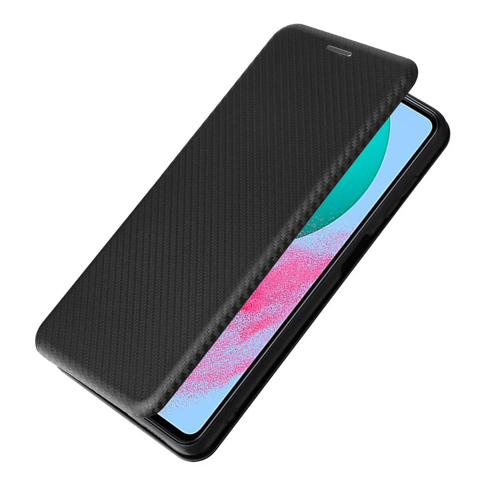 For Samsung Galaxy M54 5G / F54 5G PU Leather Carbon Fiber Texture Phone Case Stand Card Slot Magnetic Cover - Black - 6