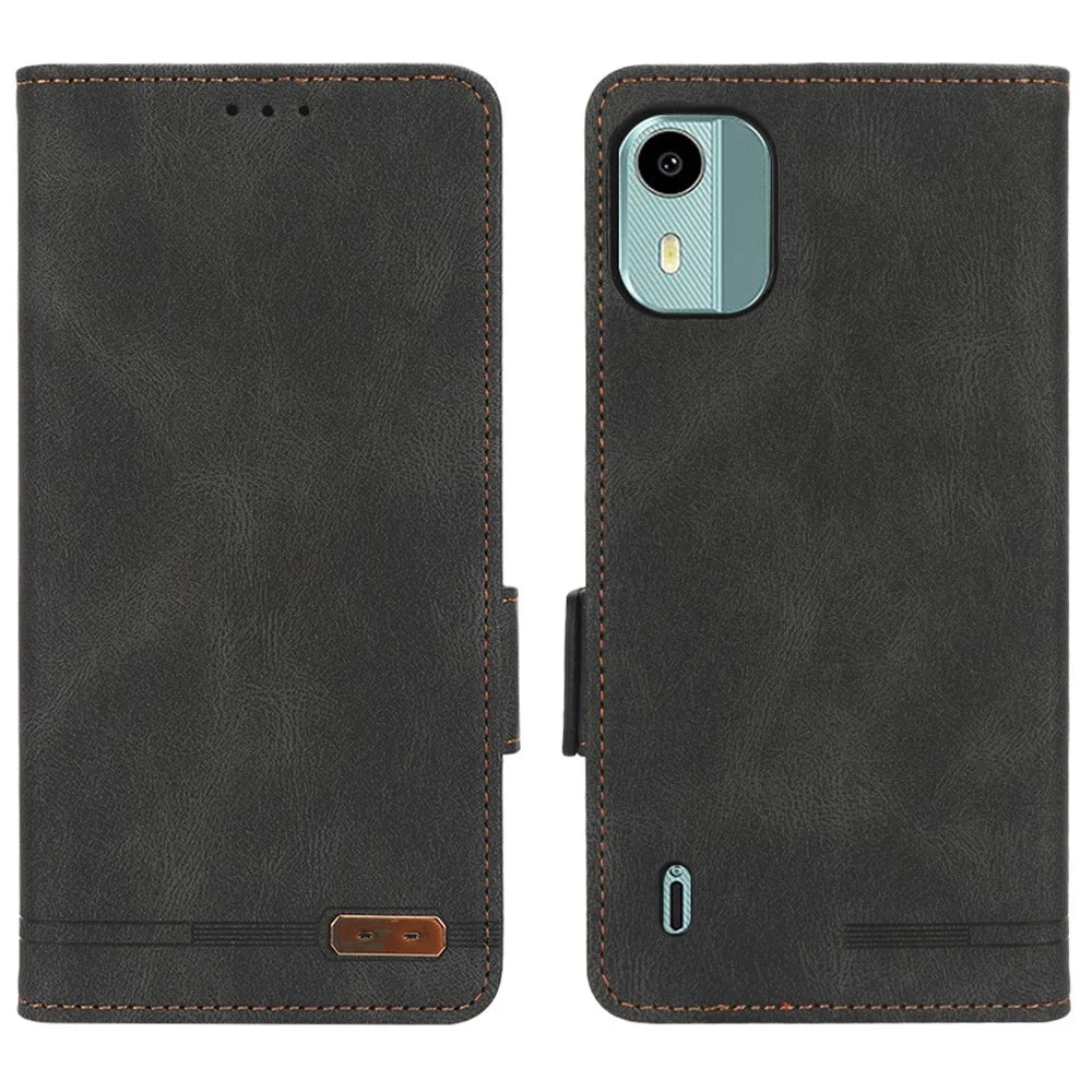 For Nokia C12 4G / C12 Pro / C12 Plus Wallet PU Leather Phone Case Hardware Decor Stand Cover - Black - 1