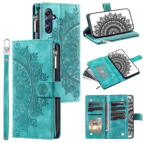 For Samsung Galaxy M54 5G / F54 5G Imprinted Phone Case Imprinted Mandala Flower Pattern PU Leather Stand Cover - Green - 1