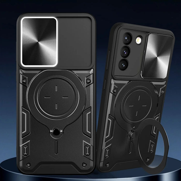 For Samsung Galaxy S21+ 5G Rotatable Ring Kickstand Cover PC + TPU Phone Case with Slide Camera Lid - Black - 2