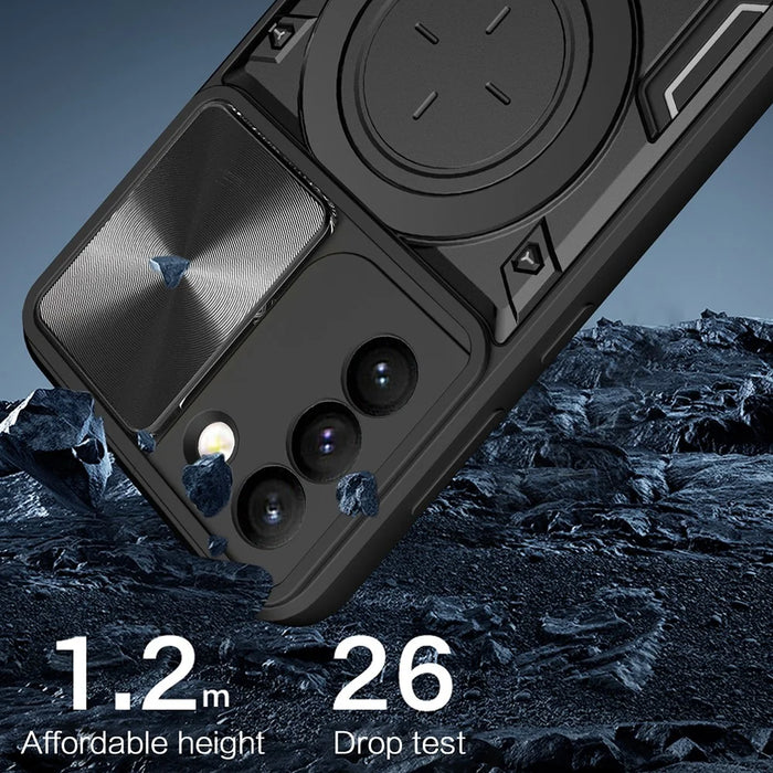 For Samsung Galaxy S21+ 5G Rotatable Ring Kickstand Cover PC + TPU Phone Case with Slide Camera Lid - Black - 3