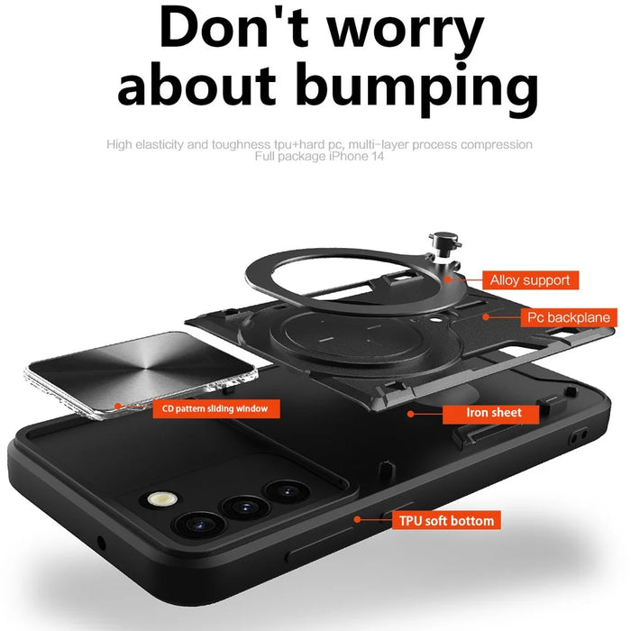 For Samsung Galaxy S21+ 5G Rotatable Ring Kickstand Cover PC + TPU Phone Case with Slide Camera Lid - Black - 4