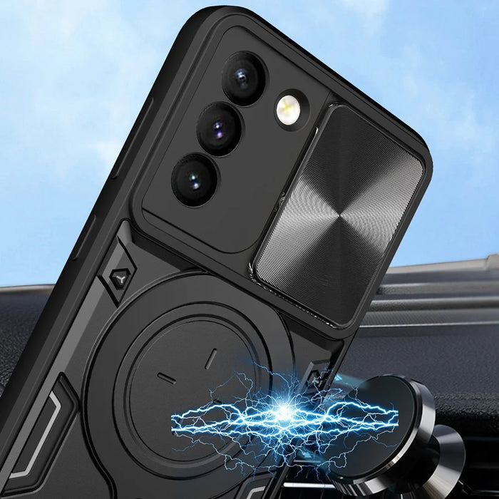 For Samsung Galaxy S21+ 5G Rotatable Ring Kickstand Cover PC + TPU Phone Case with Slide Camera Lid - Black - 5
