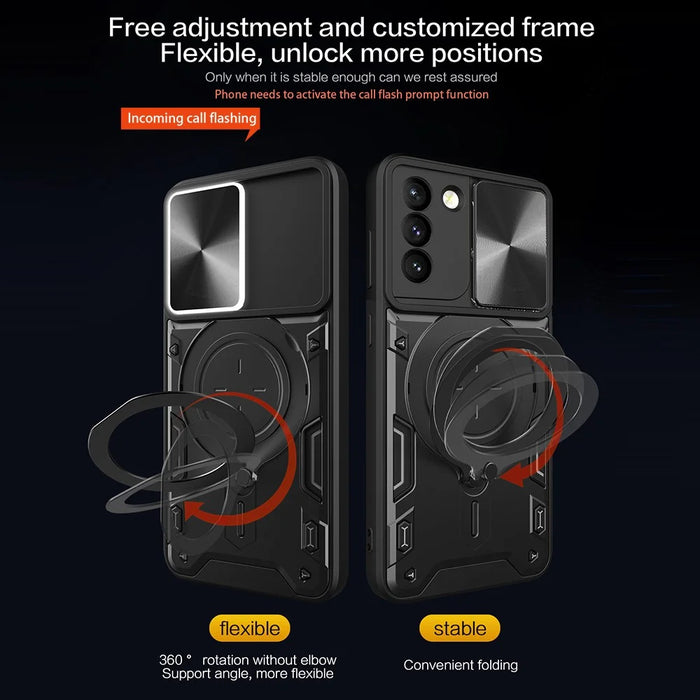 For Samsung Galaxy S21+ 5G Rotatable Ring Kickstand Cover PC + TPU Phone Case with Slide Camera Lid - Black - 6