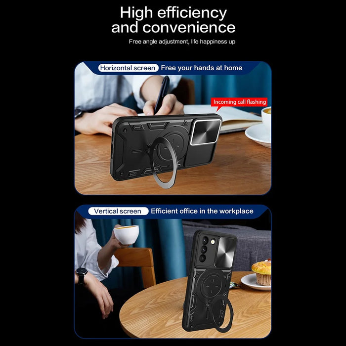 For Samsung Galaxy S21+ 5G Rotatable Ring Kickstand Cover PC + TPU Phone Case with Slide Camera Lid - Black - 7
