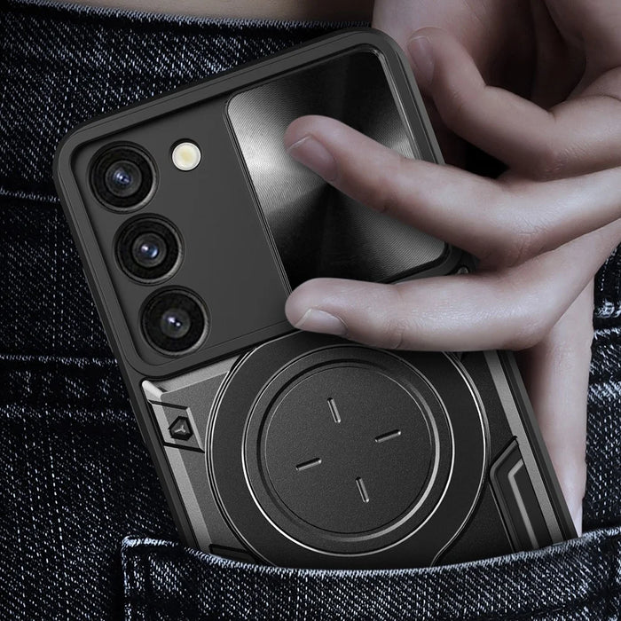 For Samsung Galaxy S23+ Rotatable Ring Kickstand Anti-drop Cover Slide Camera Lid PC + TPU Phone Case - Black - 2
