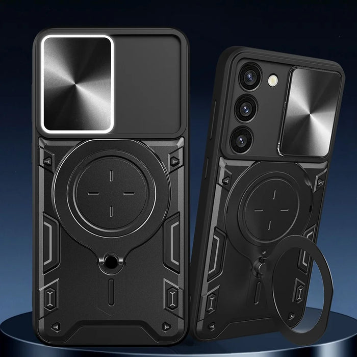 For Samsung Galaxy S23+ Rotatable Ring Kickstand Anti-drop Cover Slide Camera Lid PC + TPU Phone Case - Black - 3