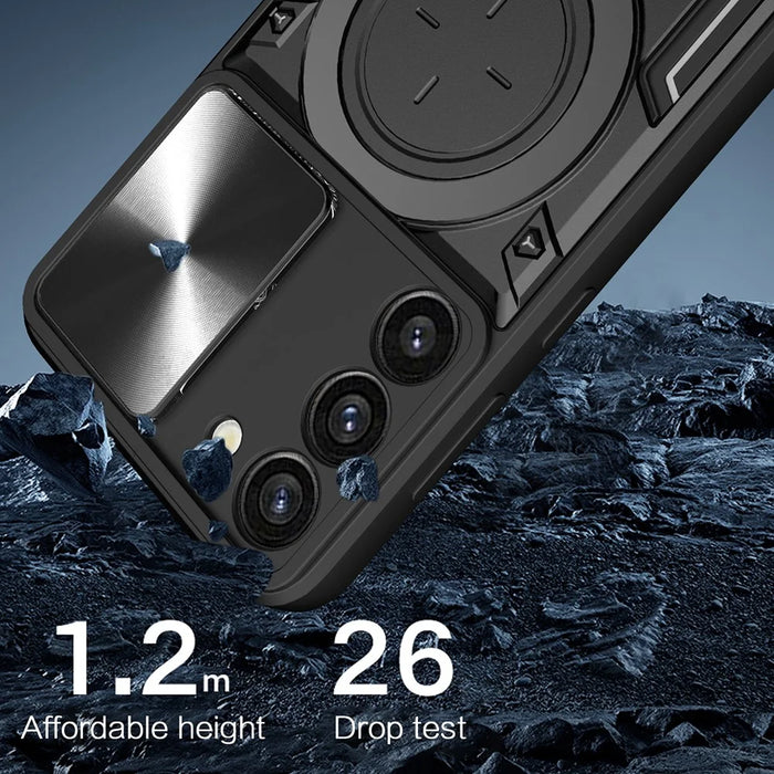 For Samsung Galaxy S23+ Rotatable Ring Kickstand Anti-drop Cover Slide Camera Lid PC + TPU Phone Case - Black - 4