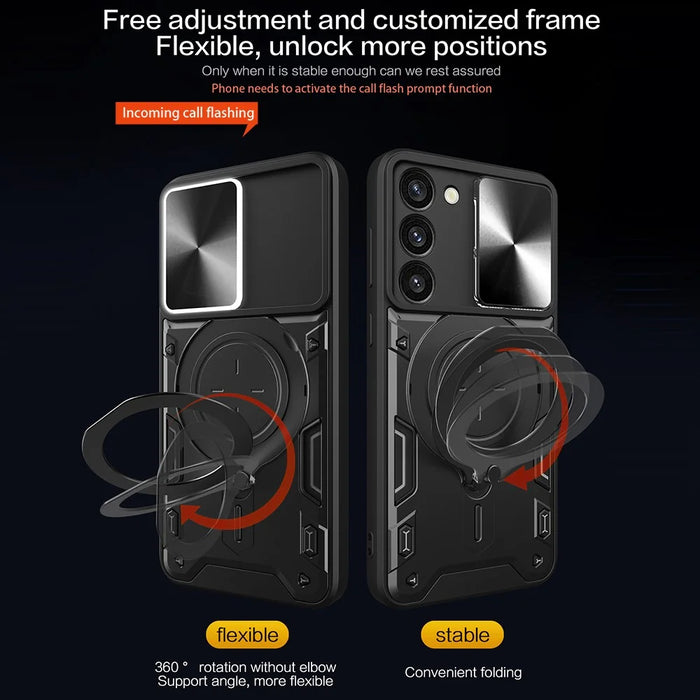 For Samsung Galaxy S23+ Rotatable Ring Kickstand Anti-drop Cover Slide Camera Lid PC + TPU Phone Case - Black - 7
