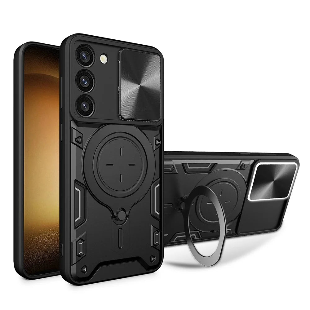 For Samsung Galaxy S23 PC + TPU Phone Case Rotatable Ring Kickstand Back Cover with Slide Camera Lid - Black - 1