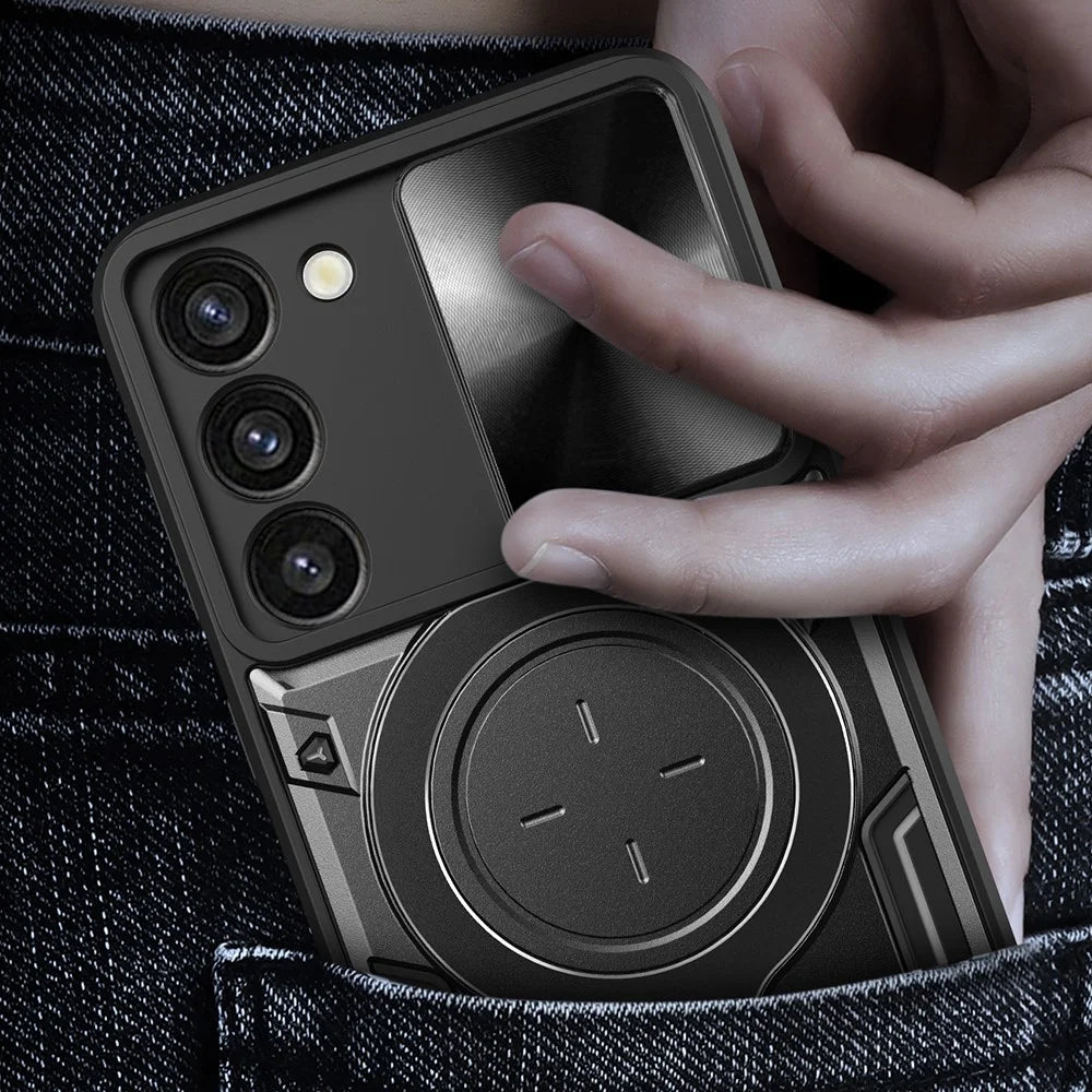 For Samsung Galaxy S23 PC + TPU Phone Case Rotatable Ring Kickstand Back Cover with Slide Camera Lid - Black - 2