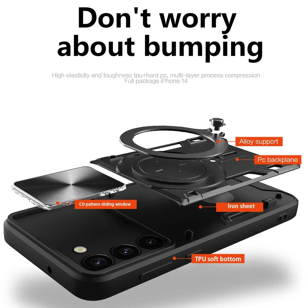 For Samsung Galaxy S23 PC + TPU Phone Case Rotatable Ring Kickstand Back Cover with Slide Camera Lid - Black - 5