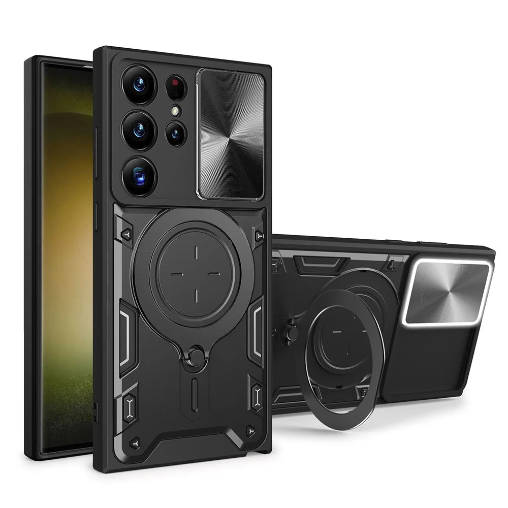 For Samsung Galaxy S22 Ultra 5G Slide Camera Lid PC + TPU Back Cover Rotatable Ring Kickstand Phone Case - Black - 1