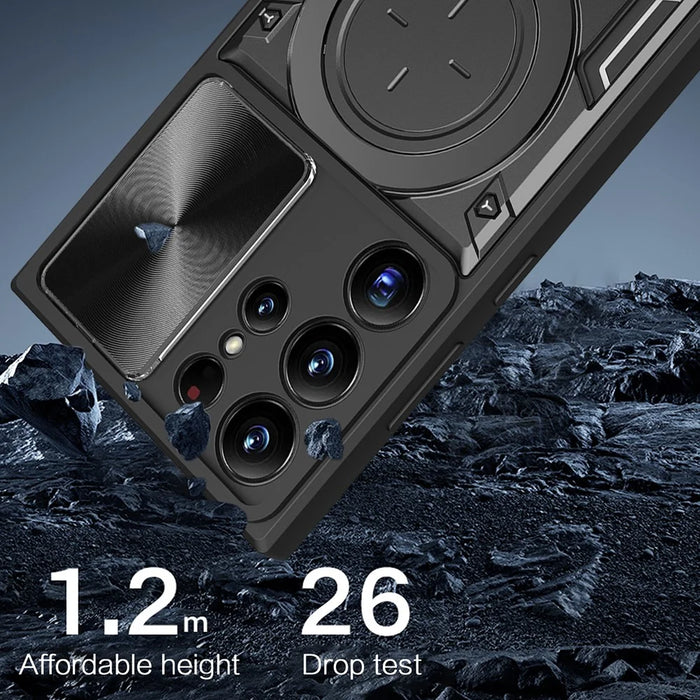 For Samsung Galaxy S22 Ultra 5G Slide Camera Lid PC + TPU Back Cover Rotatable Ring Kickstand Phone Case - Black - 3