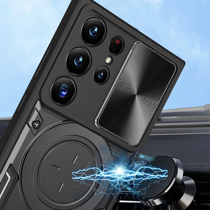 For Samsung Galaxy S22 Ultra 5G Slide Camera Lid PC + TPU Back Cover Rotatable Ring Kickstand Phone Case - Black - 5