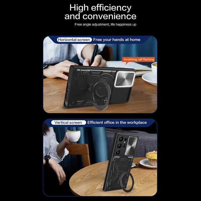 For Samsung Galaxy S22 Ultra 5G Slide Camera Lid PC + TPU Back Cover Rotatable Ring Kickstand Phone Case - Black - 7