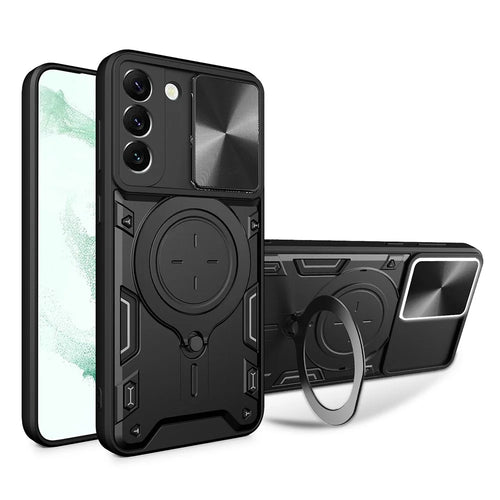 For Samsung Galaxy S22+ 5G Free Rotation Kickstand Phone Cover Slide Camera Lid PC + TPU Anti-drop Case - Black - 1