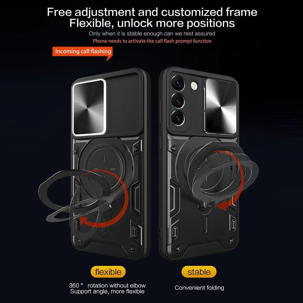 For Samsung Galaxy S22+ 5G Free Rotation Kickstand Phone Cover Slide Camera Lid PC + TPU Anti-drop Case - Black - 6