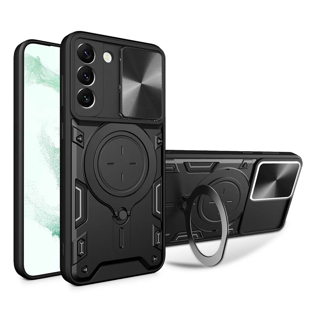 For Samsung Galaxy S22 5G Rotatable Kickstand Back Cover PC + TPU Phone Case with Slide Camera Lid - Black - 1