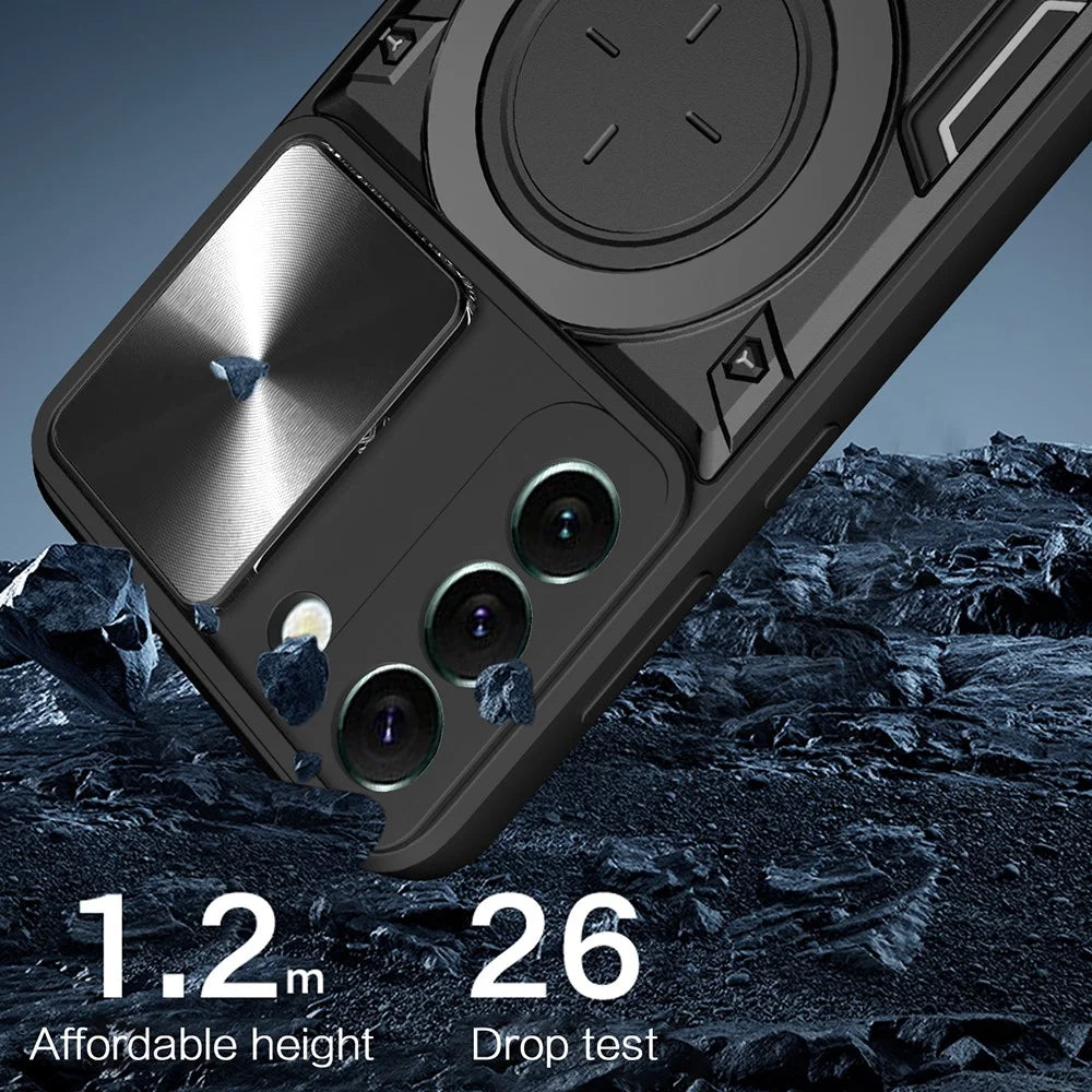For Samsung Galaxy S22 5G Rotatable Kickstand Back Cover PC + TPU Phone Case with Slide Camera Lid - Black - 3