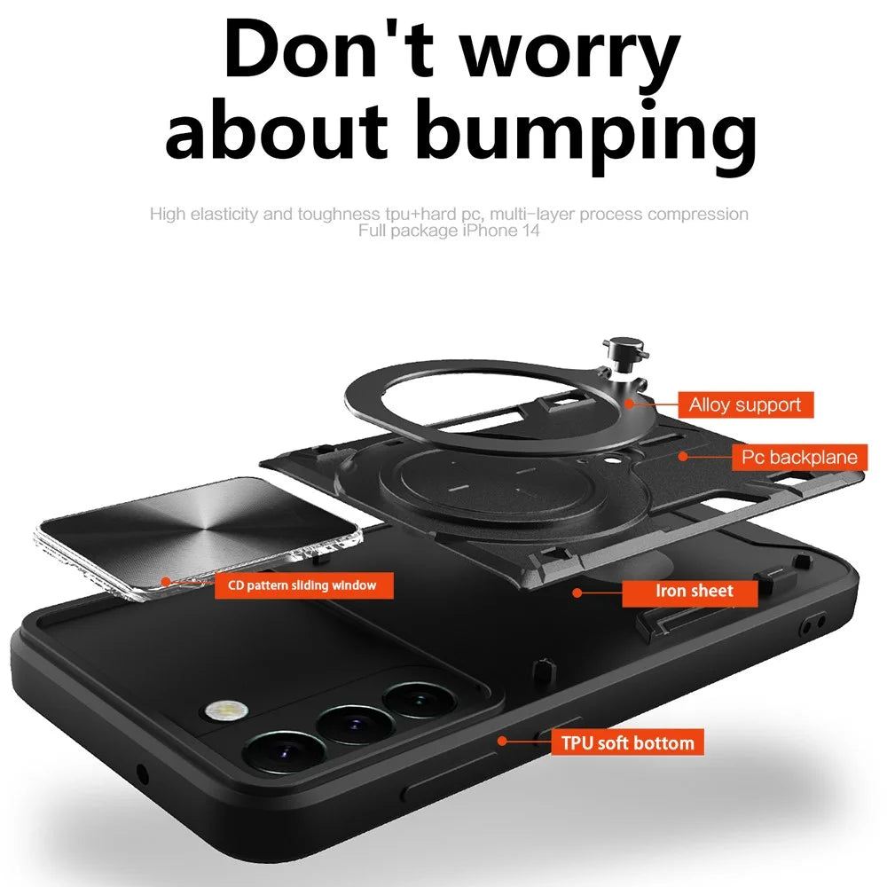 For Samsung Galaxy S22 5G Rotatable Kickstand Back Cover PC + TPU Phone Case with Slide Camera Lid - Black - 4